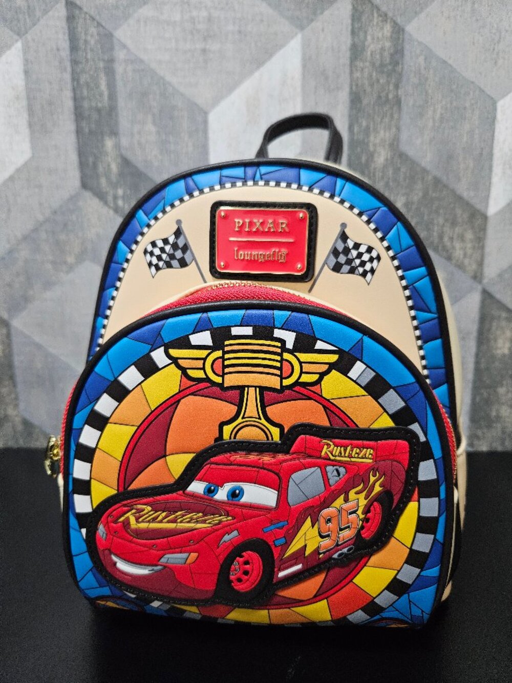 NWT Loungefly Disney Pixar Cars Lightning McQueen Stained Glass Backpack